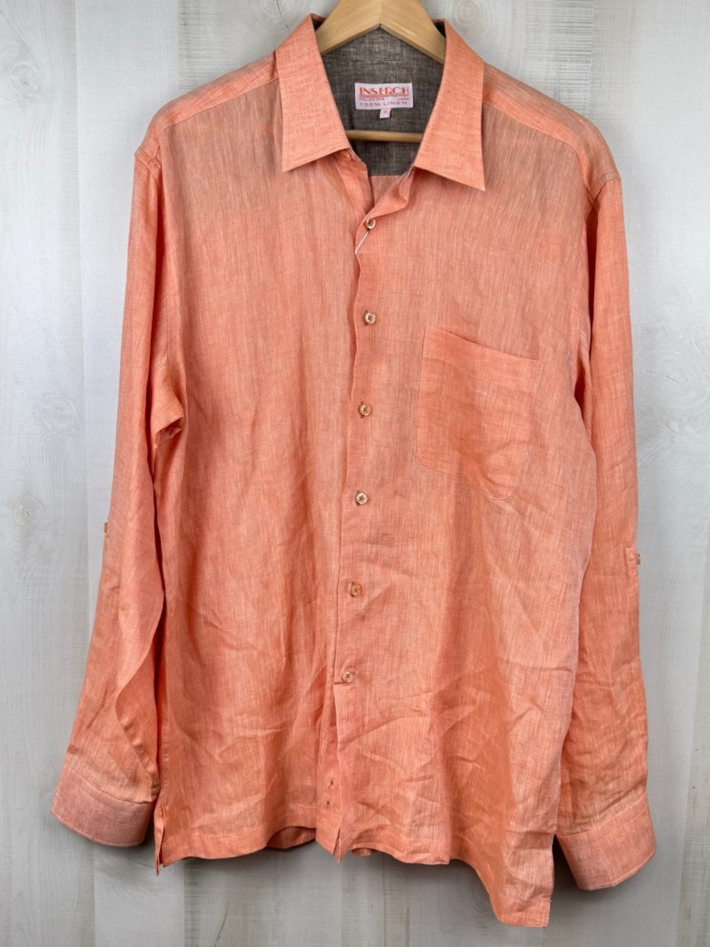 NWT Inserch Collezione Men’s Long Sleeve Button Up Shirt 100% Linen Peach XL